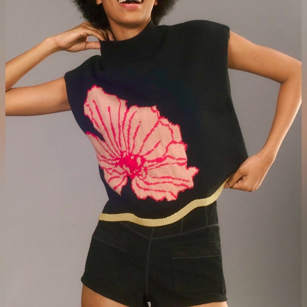 Maeve Black Sleeveless Vest with Pink Floral Design